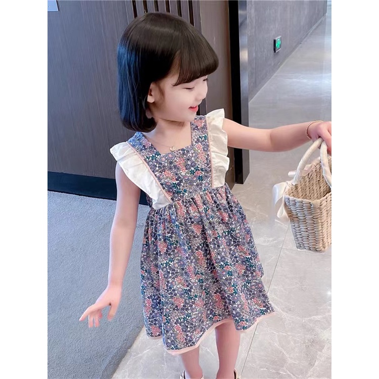 DRESS ANAK [KUALITAS IMPOR] GAUN BAYI MOTIF BUNGA BIRU PITA PINK