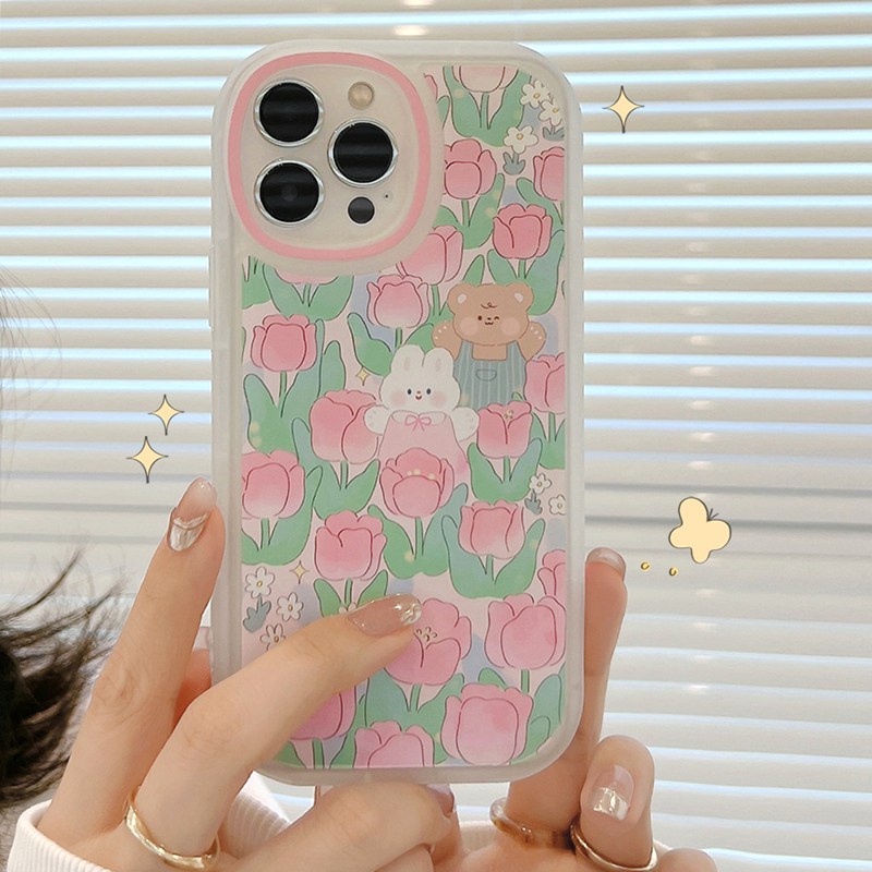 Lucu Tulip Bear &amp; Kelinci Ins Pretty Big Eyes Silicone Soft Case IPhone 7 8 Plus X XR XS Max IPhone 11 Pro Max 12 13 Pro Max SE 2020 Cover