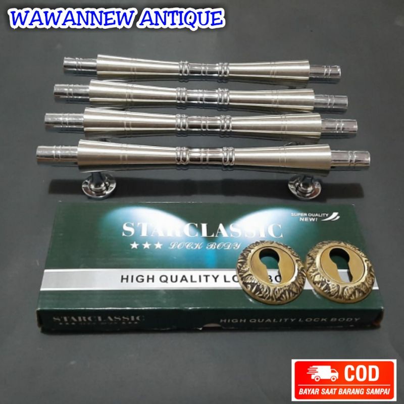 Handle Pintu / Gagang Pintu Rumah Kuningan + 1 Set Body Kunci Motif Bambu 34cm