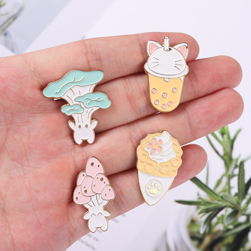 Food Enamel Pins Mushroom Ice Cream Boba Tea Cat Paw Brooches Bag Hat Lapel Pin Cartoon Badge Jewelry Gift Kids Girl