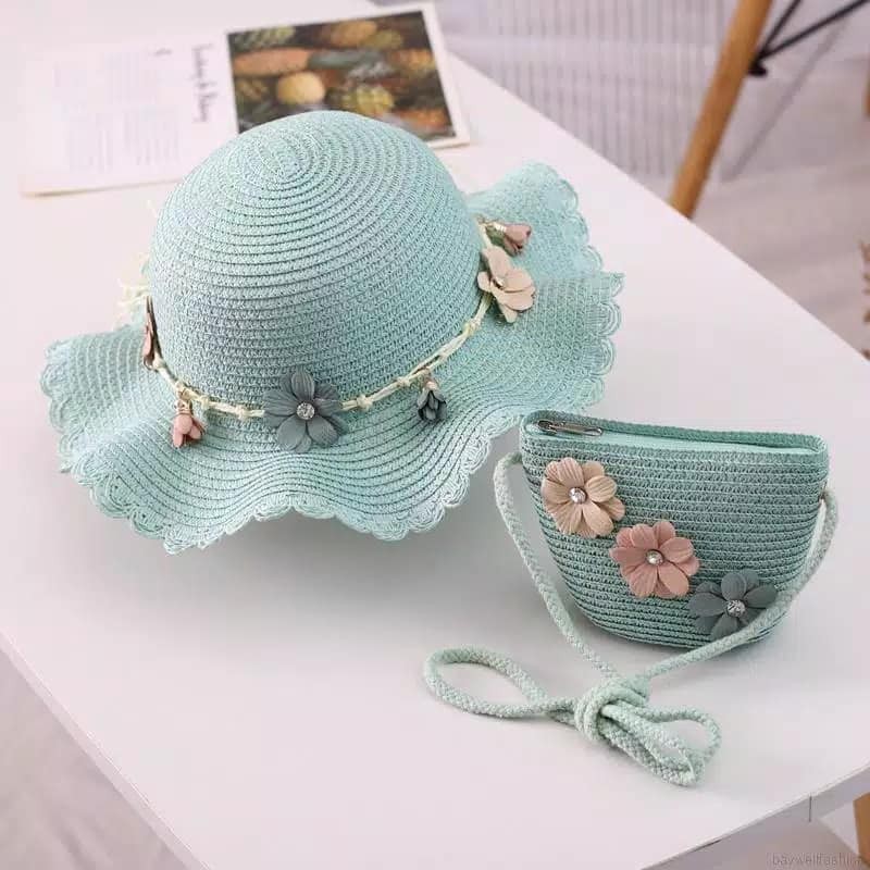 Topi Anak Pantai paketan set Tas Pantai Anak Bunga Import Pathos-Tosca