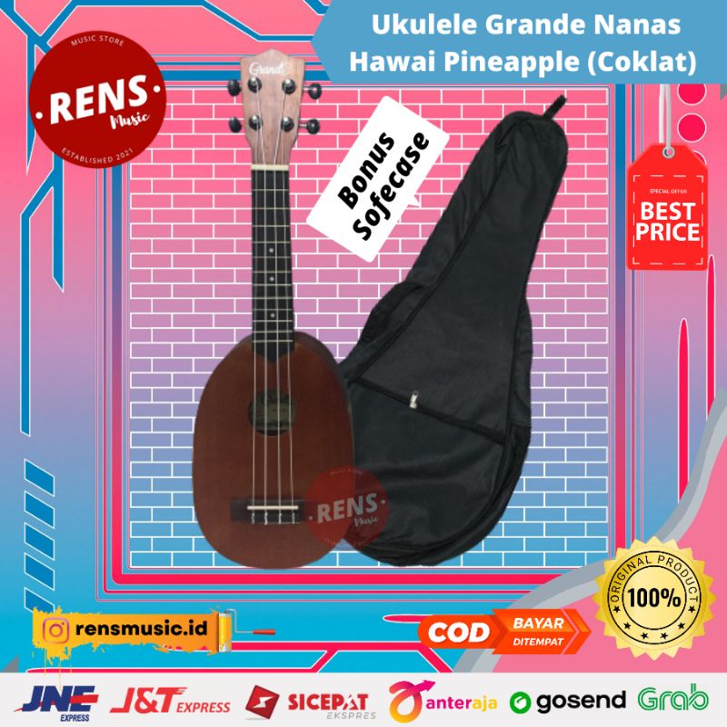 Gitar / Guitar Ukulele Grande Nanas Hawai Pineapple Coklat Original + Tas / Sofecase / Sarung