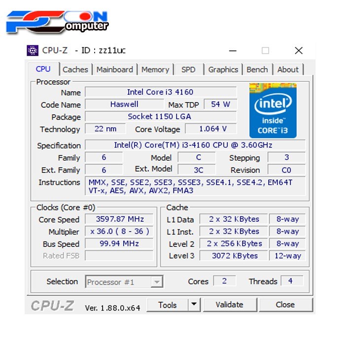 Prosesor Intel LGA 1150 Core i3-4160 3.60GHz GARANSI 1 TAHUN