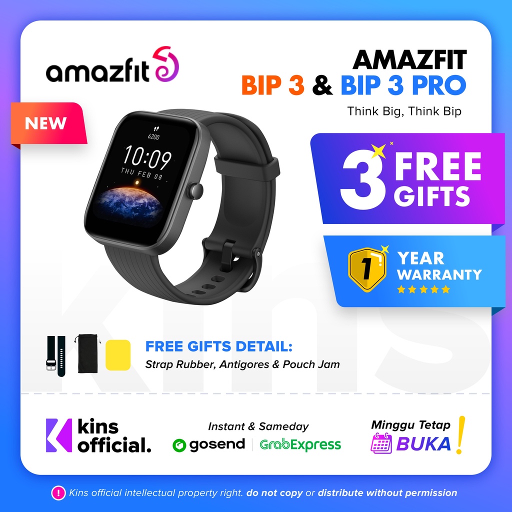 Amazfit BIP 3 Smartwatch 1.69&quot; Touch Screen, Jam Tangan Smartwatch SpO2 Garansi Resmi