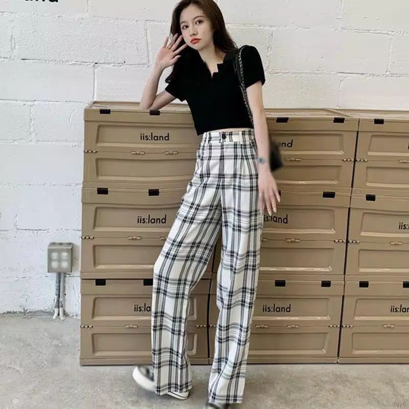 Ready celana model longgar high waist motif kotak kotak tartan