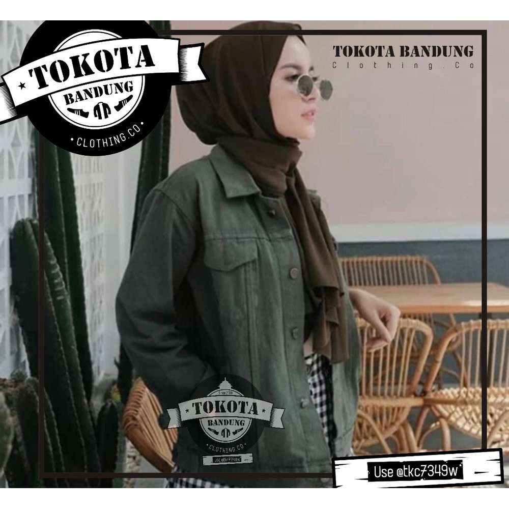 Termurah jaket jeans denim kemeja trucker jacket wanita hijau lumut green army militer hijau botol