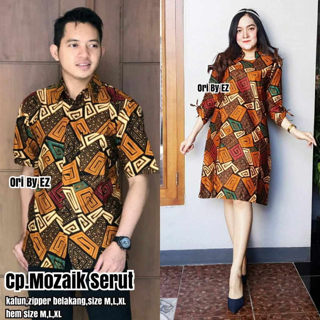 Batik Couple Mozaik Tunik Motif Wanita Lengan Serut Kemeja Pendek Modern Murah