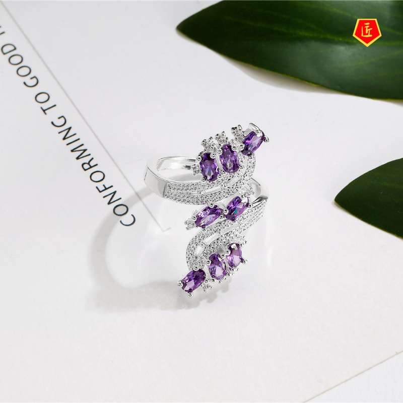 [Ready Stock]925 Silver Red Diamonds Purple Colored Gems Flower Ring