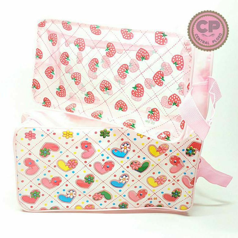 Tas Kosmetik Transparan dan Doff Motif Strawberry dan Love Model Dompetcp