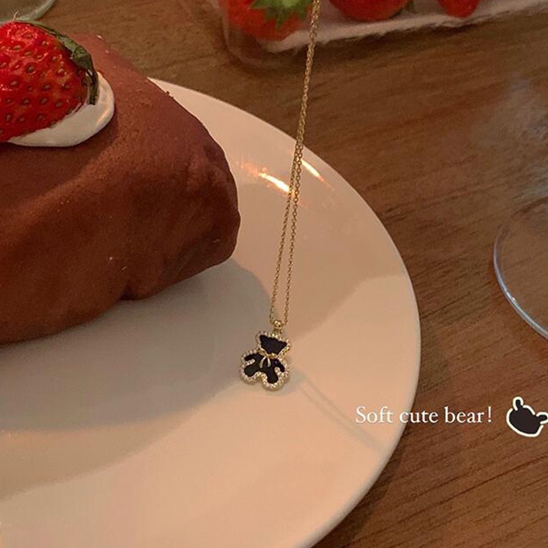 Kalung Rantai Liontin Beruang Hitam Bahan Alloy Hias Berlian Imitasi Untuk Wanita