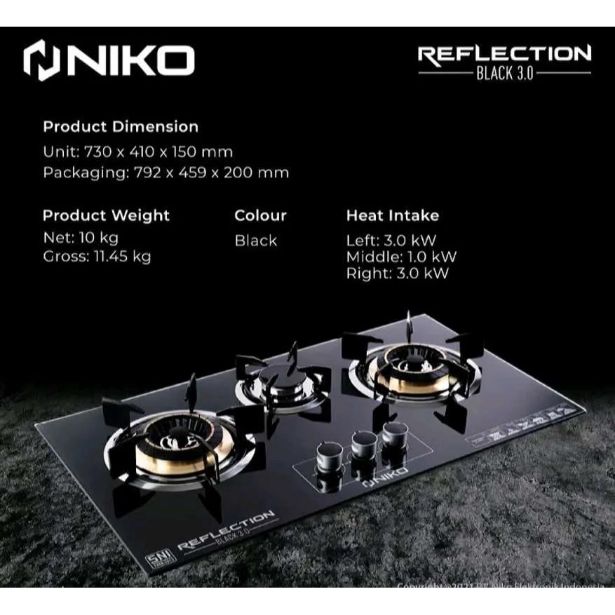 NIKO REFLECTION BLACK 3.0 KOMPOR GAS KACA TANAM 3 TUNGKU