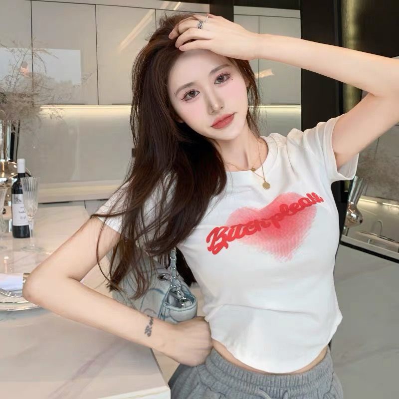 pro cinta surat cetak T-shirt wanita tren musim semi ins gaya hong kong ramping desain pendek ceruk