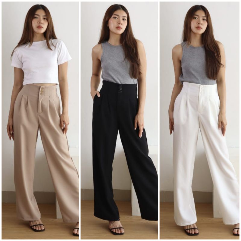 ⚡️CLEARANCE SALE ♡ PREMIUM ♡ ORIGINAL ! CANTAYA HIGH WAIST PLAIN BUTTON LONG CULLOTE  PANTS / CELANA KULOT PANJANG