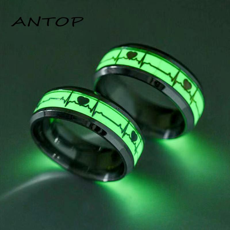 Cincin Motif Detak Jantung Luminous Fluorescent Untuk Pasangan