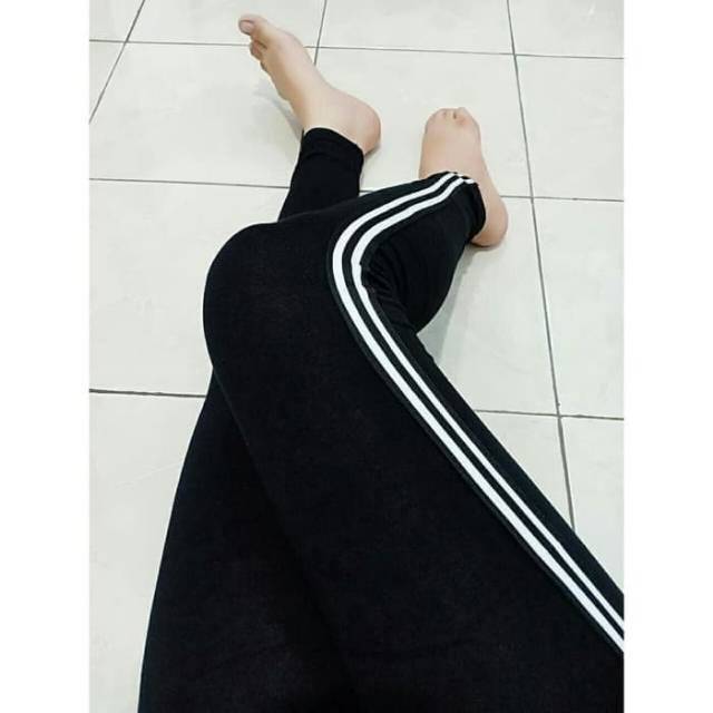 Celana legging wanita dewasa list putih high waist