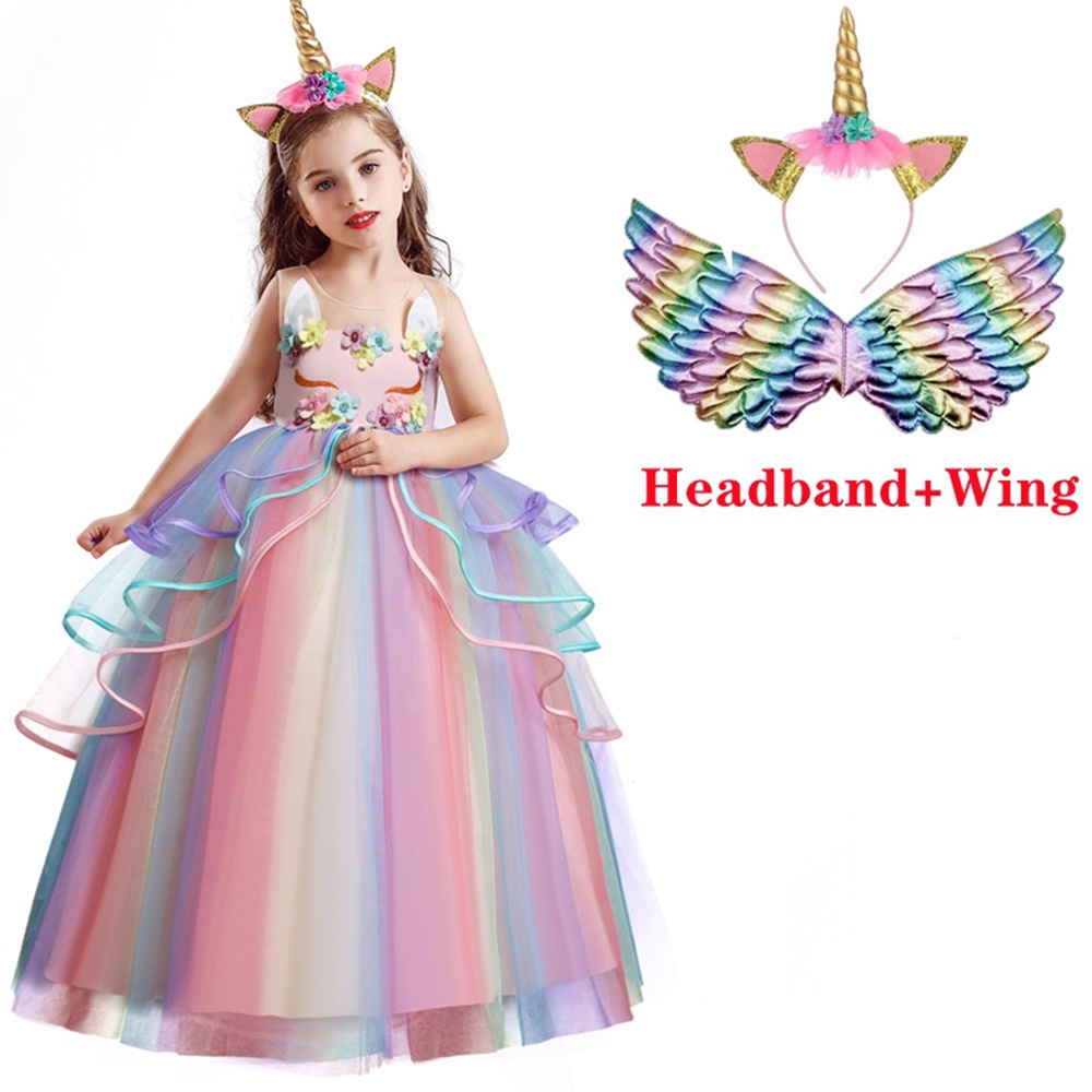 Anak Unicorn Party Dress + Sayap + Headband 3 pcs set Gadis Halloween Kostum Hadiah Ulang Tahun untuk Anak-anak