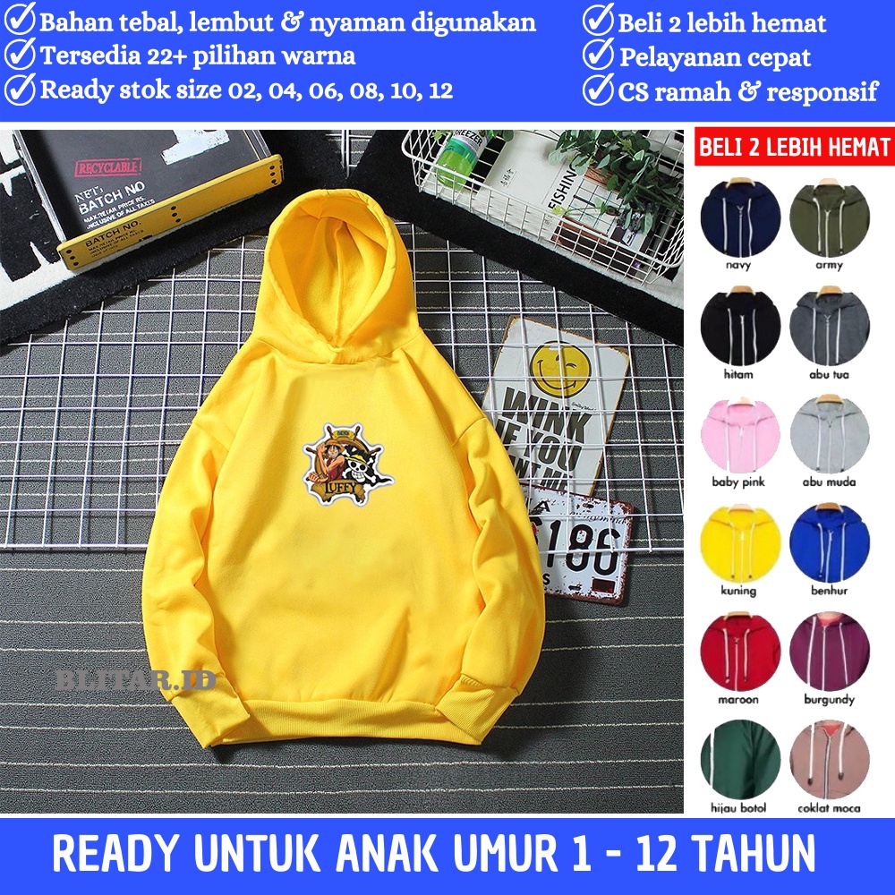 Jaket Switer Hoddie Anak Umur 12 Tahun Laki Laki Anime Gambar Karakter Kartun Luffy One Piece Jemper