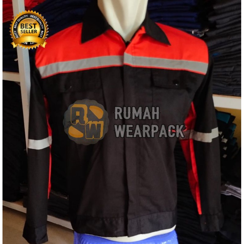 Baju Kerja/ Wearpack Proyek/ Seragam Kerja Lengan Panjang Atasan Hitam Merah