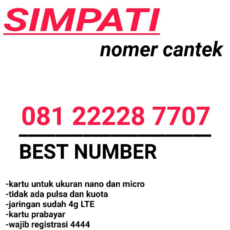 KARTU PERDANA NOMOR CANTIK SIMPATI TELKOMSEL 4G 22229 7707