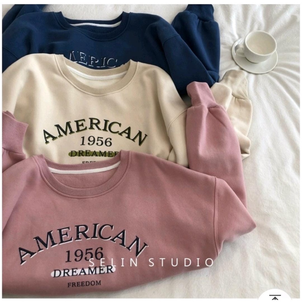 CROP OVERSIZE SWEATER WANITA 1956 AMERICAN DREAMER /// SWEATER WANITA CROP ALA KOREA FLEECE TEBAL PREMIUM KEKINIAN TERBARU''