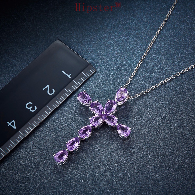 Silver Amethyst Diamond Creative Cross Color Gem Pendant Necklace