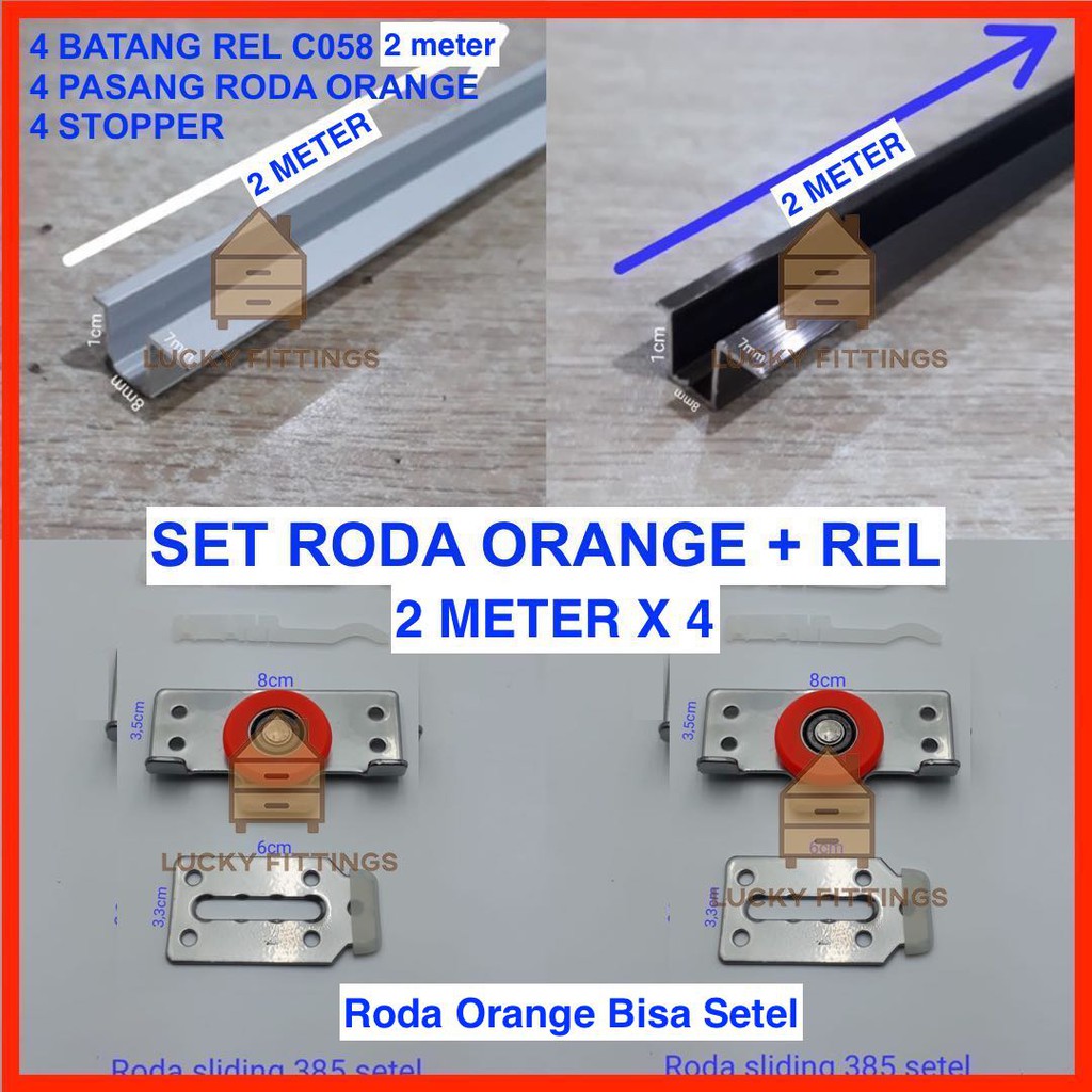 SET 2 METER x 4 Rel C058 + Roda Orange 385 Pintu Lemari Sliding / Geser 2 M X 4 / SD 75 SD 688 Baju