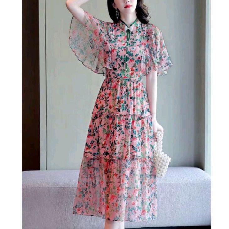 12346 Baju Mididress dress gaun pesta kerah layer Shanghai China Chinese pink Korean style cewek imp