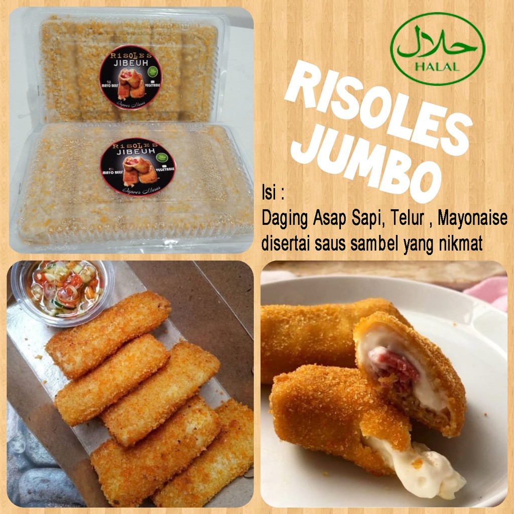 

Risoles mayonase jumbo isi telur dan daging asap sapi dijual perbox isi 5 frozen food serta halal