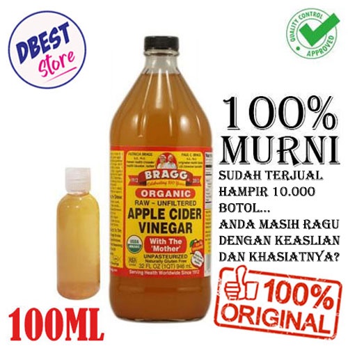 Bragg Apple Cider Vinegar ( Cuka Apel ) Original Murni Tanpa CAMPURAN - Kemasan share in jar 100mL