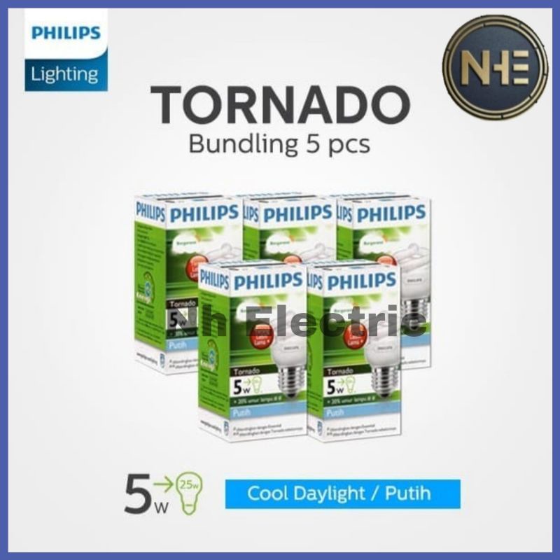 Lampu Philips Tornado 5W Watt Putih CDL E27 - Spiral 5 Watt Philips White 220V SNI Bundling 5 Pcs