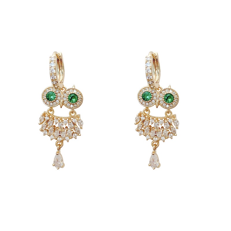 Anting Tusuk Sterling silver 925 Desain Burung Hantu Hias Zircon Hijau Untuk Wanita