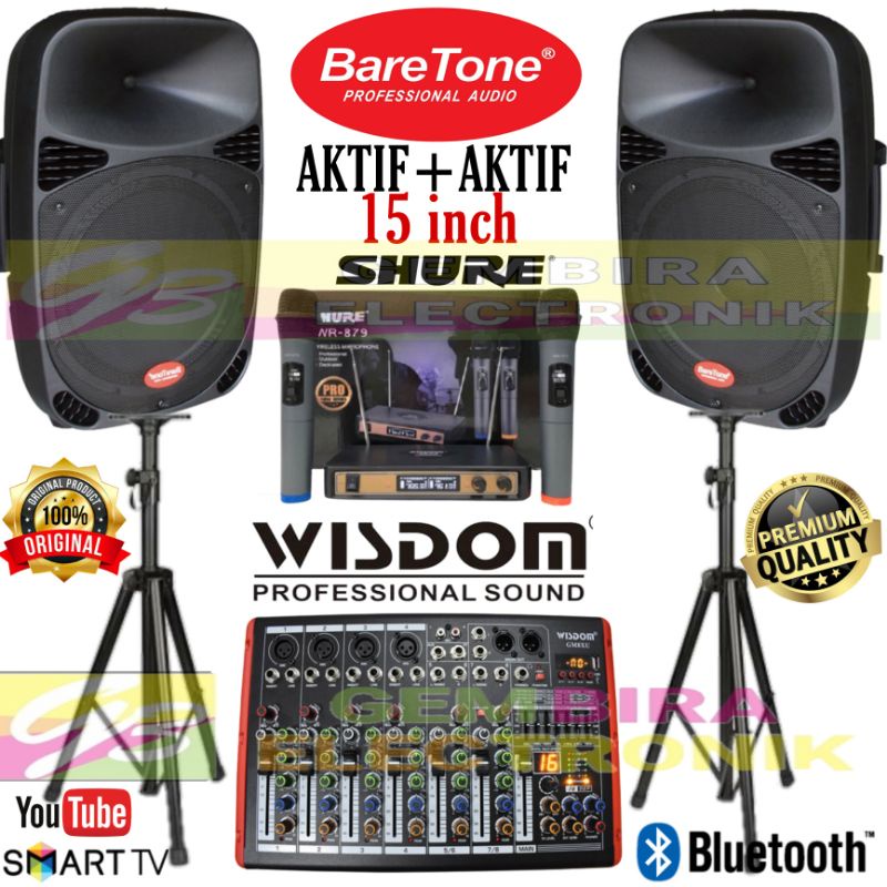 Paket Speaker Aktif Baretone 15 inch set mixer Wisdom 8 channel Bluetooth Original