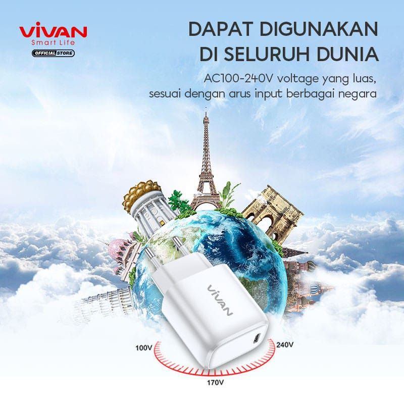 VIVAN Power 20watt Adaptor Charger 3A Batok USB-C PD 4X Power Delivery  Multi