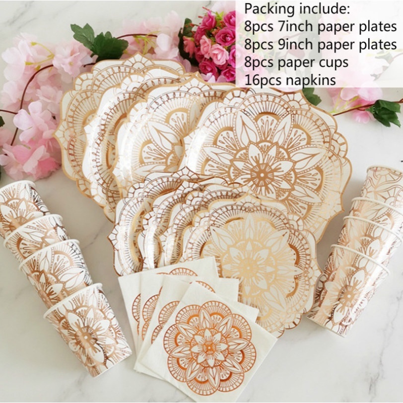 40pcs/set Rose Flower Bronzing Disposable Tableware Paper Plate Cup