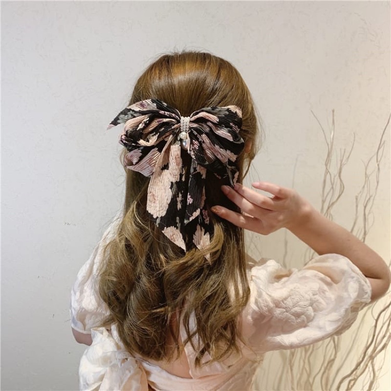 Delunashop ikat rambut motif Flower Korean Banana Hair Claw / Jepit Rambut Pisang Besar Pita Ribbon Bunga Feminim