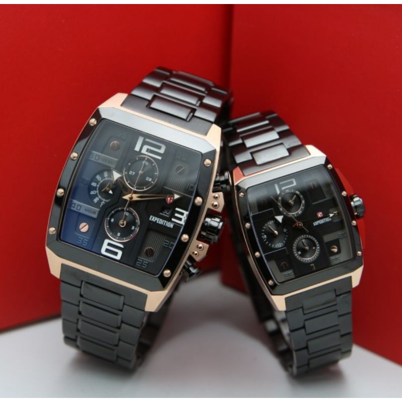 ORIGINAL GARANSI RESMI JAM TANGAN COUPLE EXPEDITION PASANGAN BLACK ROSEGOLD RANTAI E6636 6636