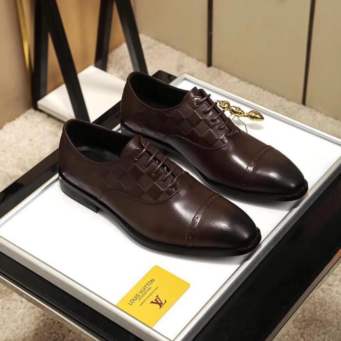 SEPATU KERJA KANTOR PANTOFEL KULIT COKLAT LV EMBOSS MIRROR ORIGINAL