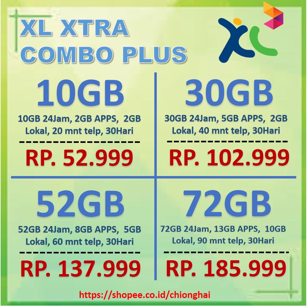 KUOTA XL XTRA COMBO PLUS LITE VIP HOTROD 10 20 30 40 70 GB