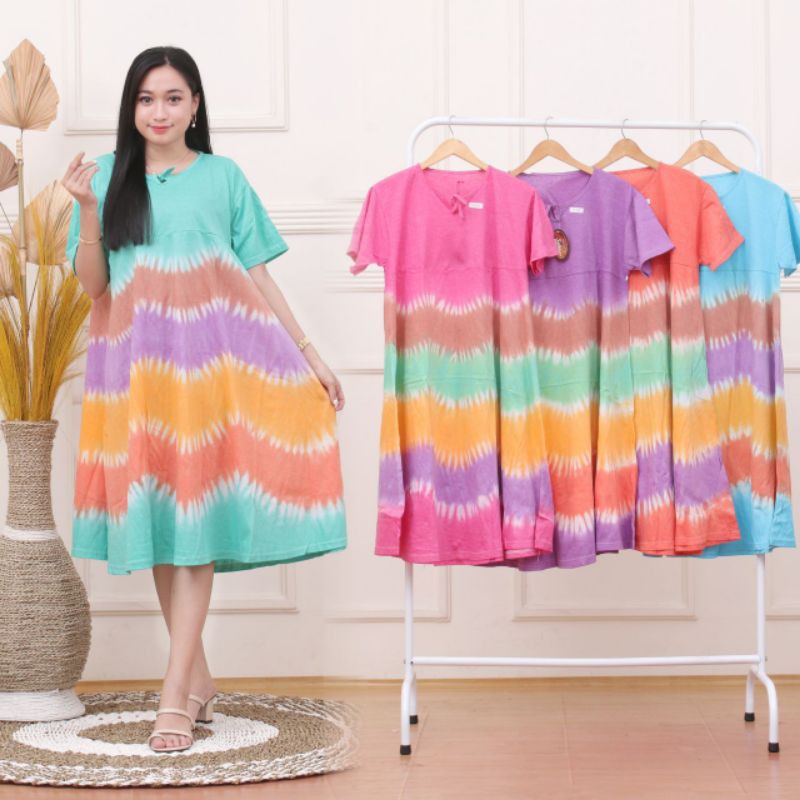 Daster Kaos Jumbo Busui Resleting Depan Tiedye Klok Jumputan Bumil Dress Wanita Kekinian Terbaru