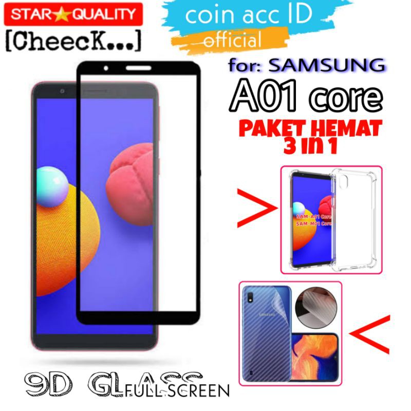 [paket hemat 3in1] SAMSUNG A01 CORE tempered glass 9D full screen + softcase + garskin carbon