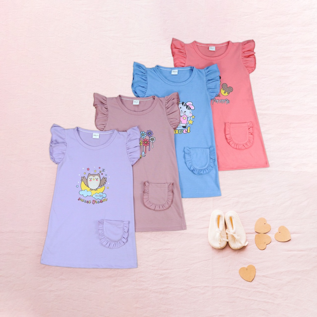 owlet - Dress ruffle anak / daster anak / dress gambar kartun (1-6 tahun)