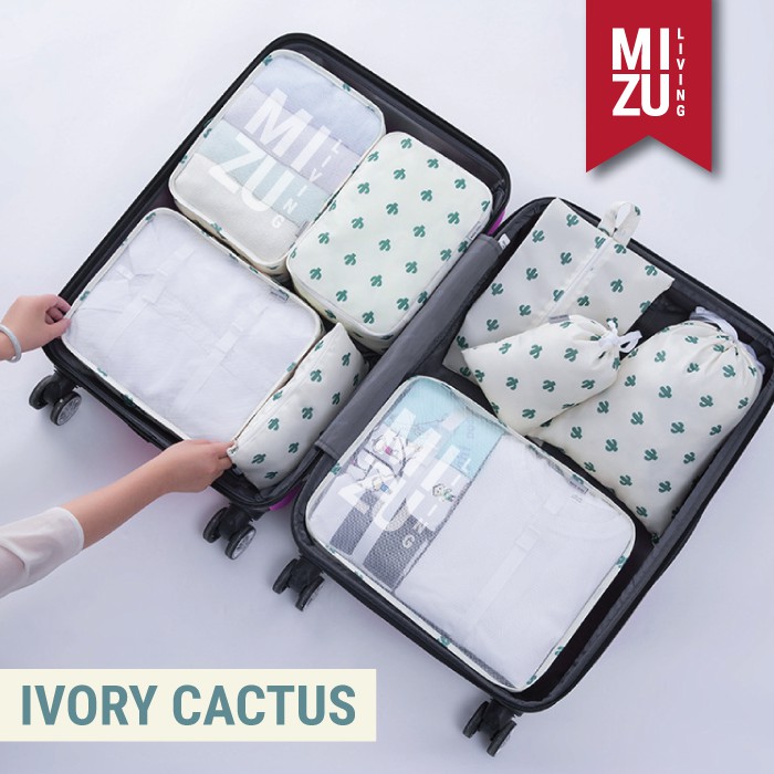 SECRET POUCH Travel Packing Cubes 8in1 Bag Organizer Tas Koper MOTIF-IVORY Cactus