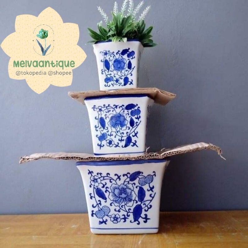 Pot Tanaman Keramik Biru Putih Kotak Segiempat ukuran 20 cm, 15 cm dan 10 cm