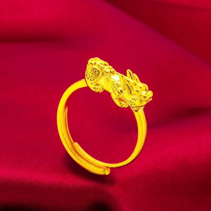 Cincin Emas Asli Kadar 375 Matte Sandblasted Pixiu Dapat Disesuaikan Untuk Wanita