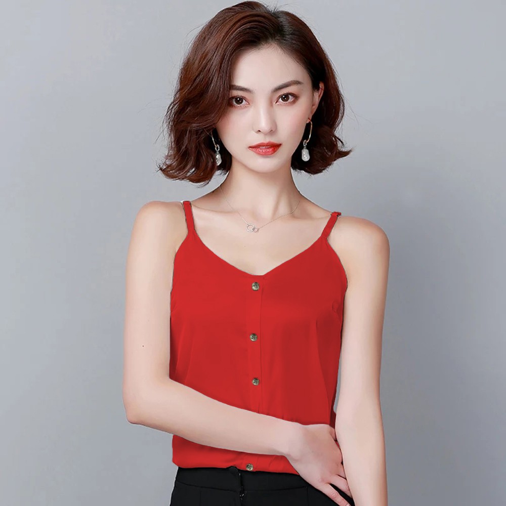 Tanktop Camisoles Singlet Tali kecil wanita Gaya Korea variasi kancing - XSHOP Usagi