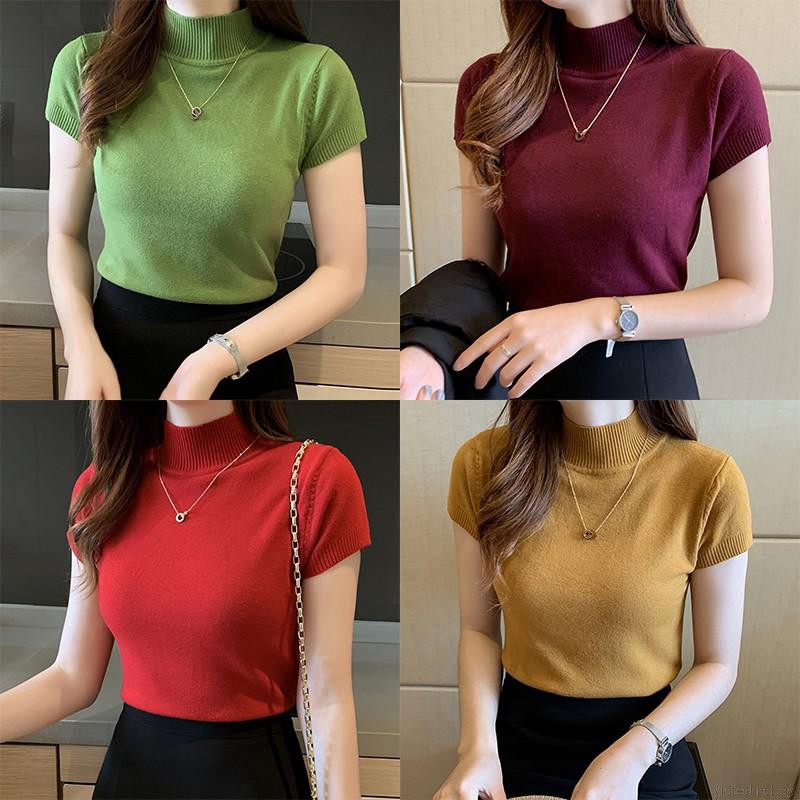 Atasan Rajut Wanita Turtleneck - Kerah Tinggi Lengan Pendek - Knit Premium