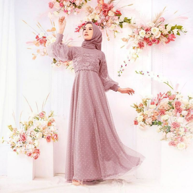 MAXY GAMIS TERBARU TILEDOT MODIS 2022 SELINA DRESS LENGAN BALON/GAMIS TERBARU/GAMIS BROKAT TERBARU/S