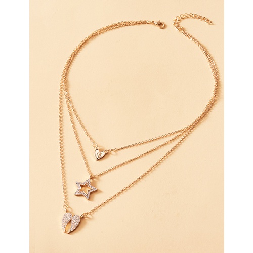 LRC Kalung Fashion Golden Diamond Heart Wings Pentagram Alloy Multilayer Necklace K83445