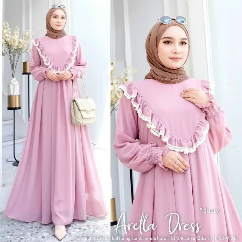 DRESS ARELLA CERUTY BABYDOLL/DRESS FULL FURRUNG APLIKASI RENDA/GAMIS MUSLIM WANITA TERBARU/FAR MOSLEMSTORE2