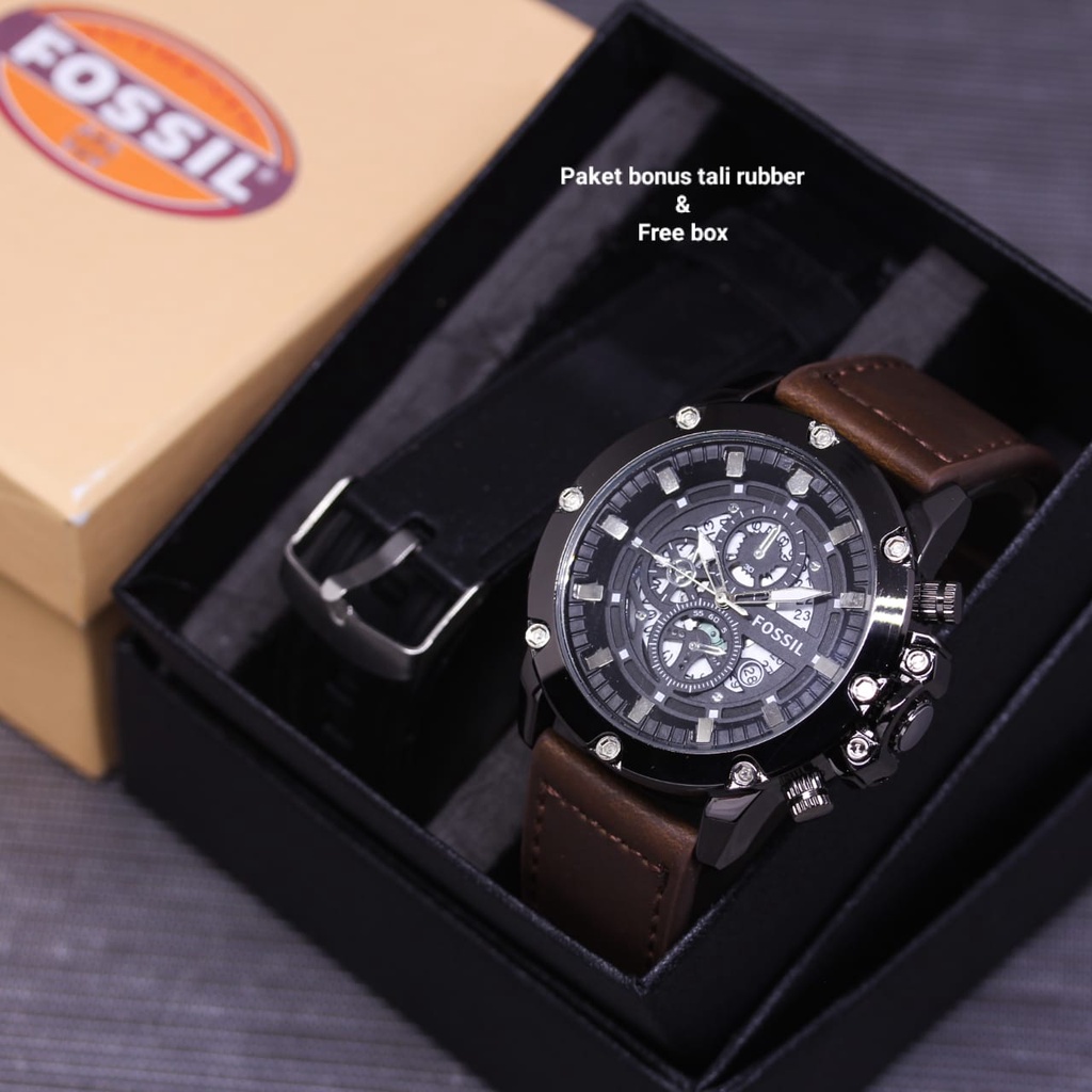 Best Seller  Jam Tangan Pria Fx 44105-EV Tali Kulit Chrono Hiasan Tanggal Aktif Free Tali Rubber , B